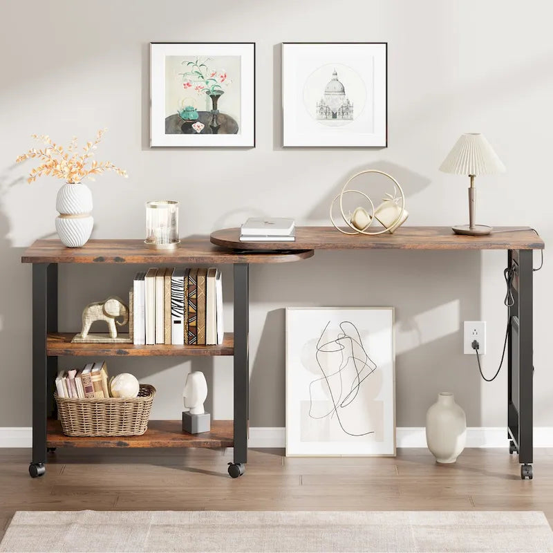 Brown 3-Tier Rotating End Table with Charging Station, Storage Bag & Lockable Casters