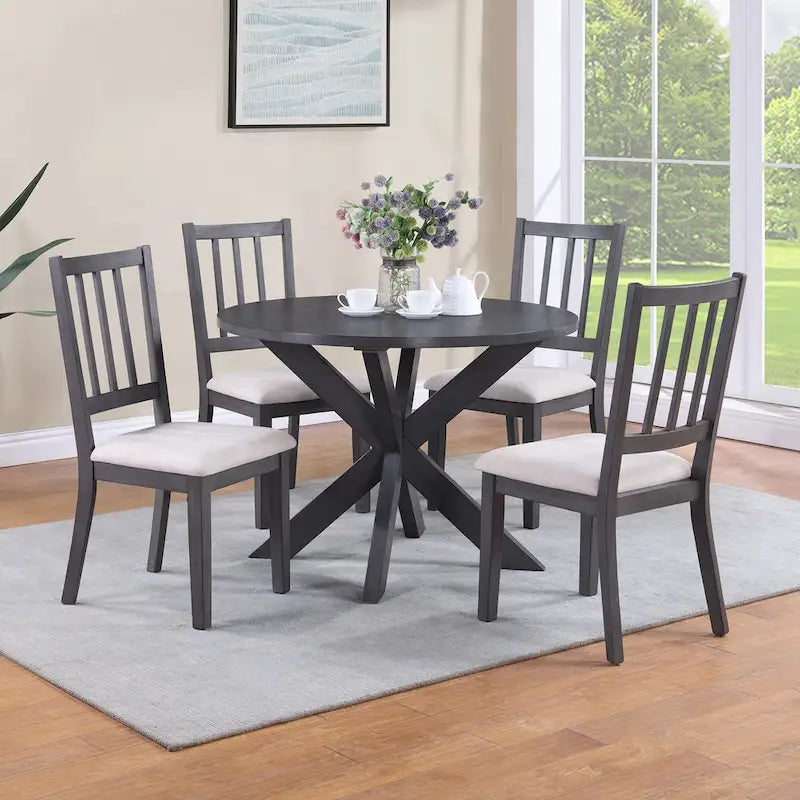 Grey Rubberwood Round Farmhouse Dining Table with Trestle X-Base – 4 Person
