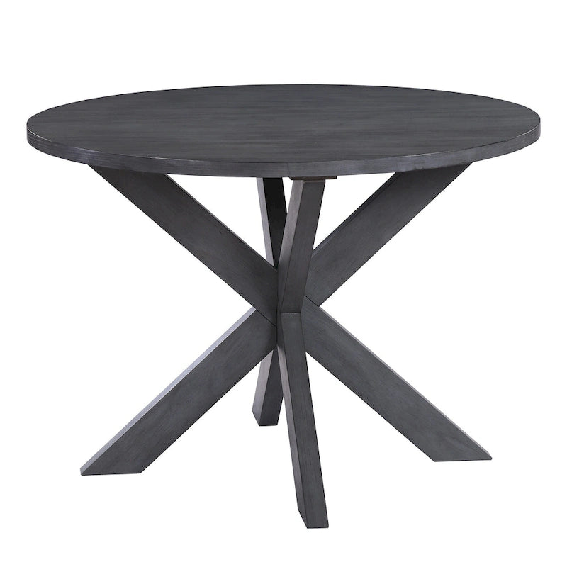 Grey Rubberwood Round Farmhouse Dining Table with Trestle X-Base – 4 Person