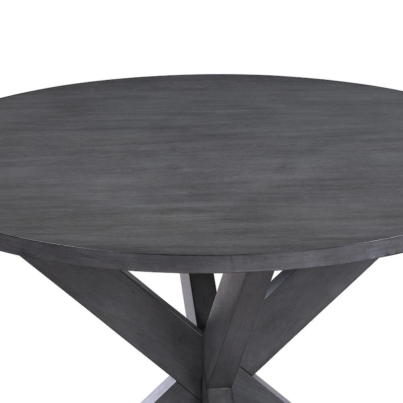 Grey Rubberwood Round Farmhouse Dining Table with Trestle X-Base – 4 Person