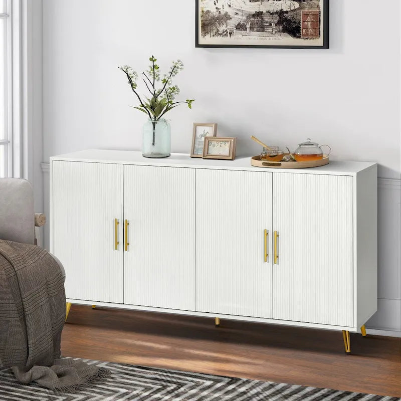 White / Navy Blue 4-Door MDF Storage Cabinet with Vertical Line Design & Gold Legs