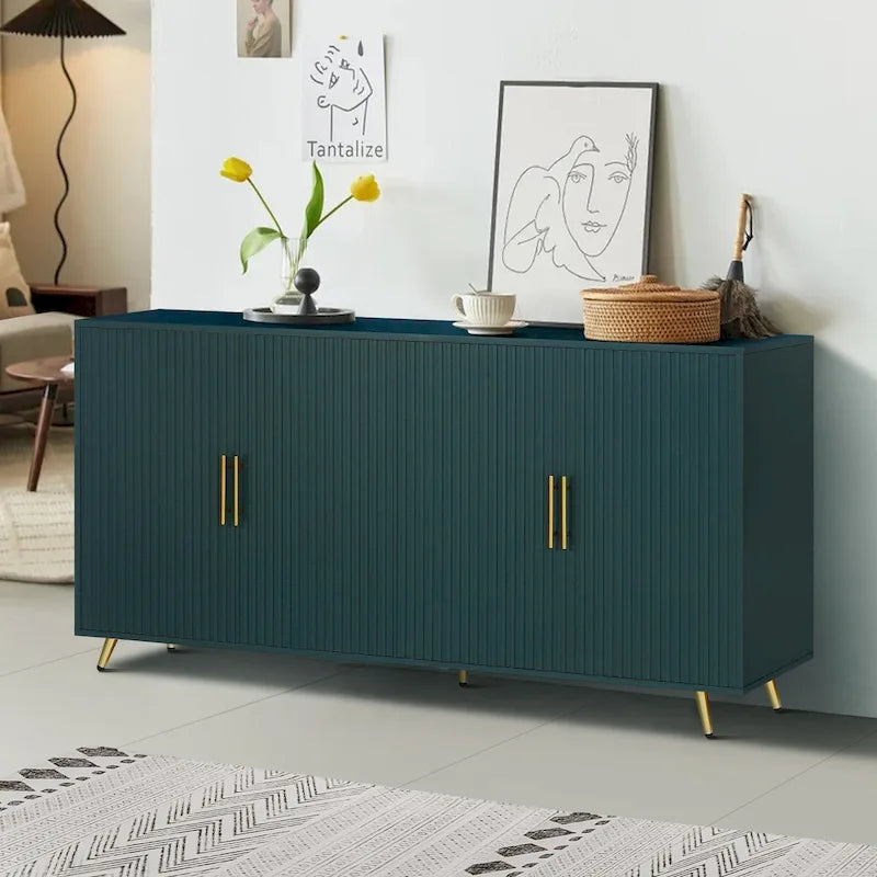White / Navy Blue 4-Door MDF Storage Cabinet with Vertical Line Design & Gold Legs