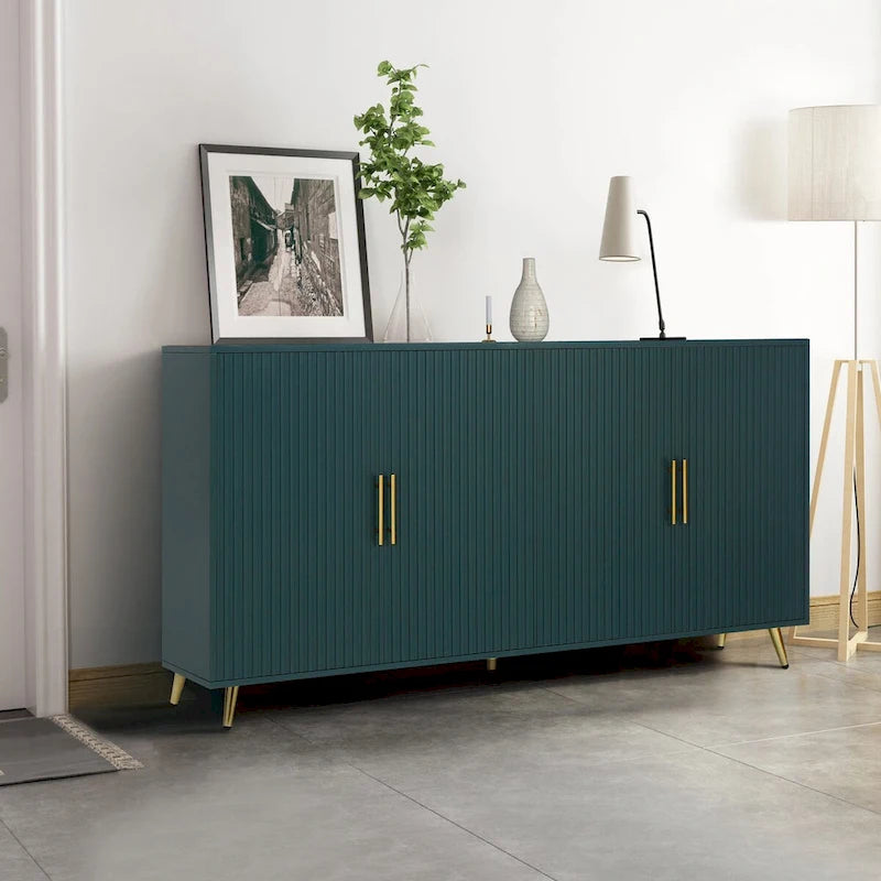 White / Navy Blue 4-Door MDF Storage Cabinet with Vertical Line Design & Gold Legs