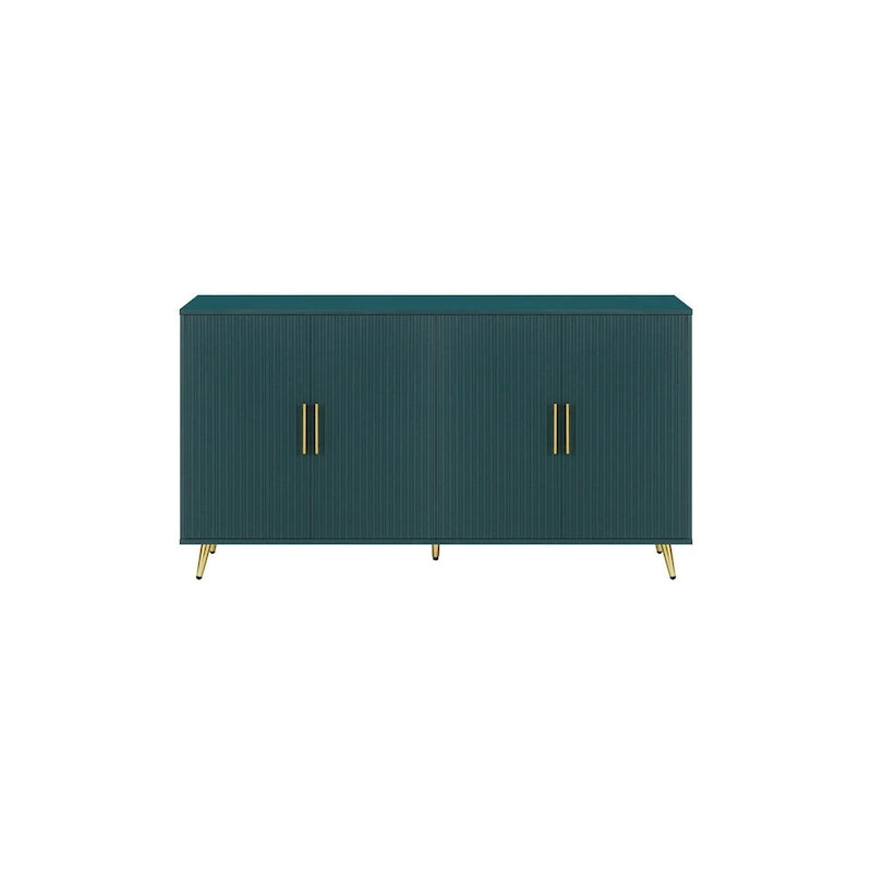 White / Navy Blue 4-Door MDF Storage Cabinet with Vertical Line Design & Gold Legs