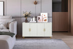 White / Navy Blue 4-Door MDF Storage Cabinet with Vertical Line Design & Gold Legs