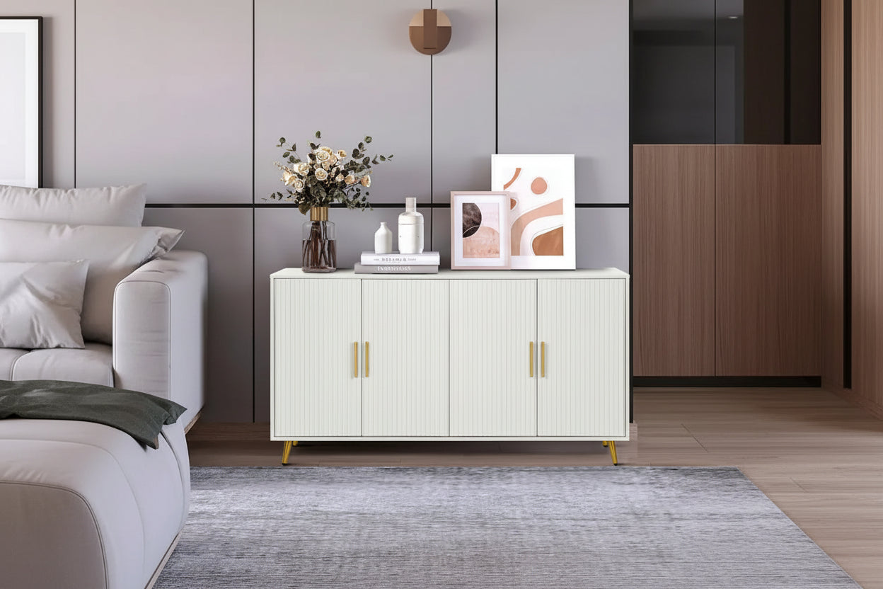 White / Navy Blue 4-Door MDF Storage Cabinet with Vertical Line Design & Gold Legs