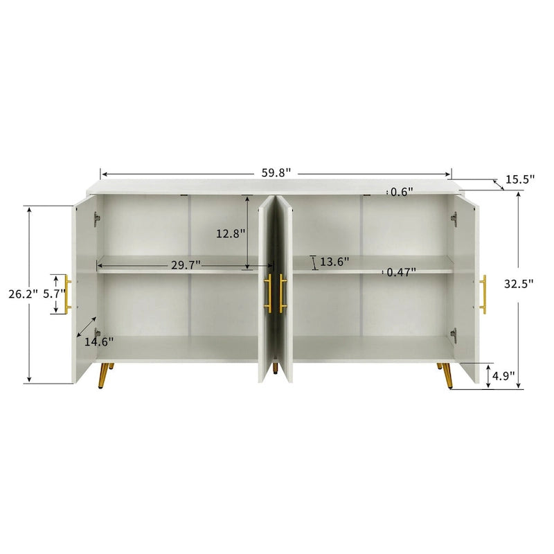 White / Navy Blue 4-Door MDF Storage Cabinet with Vertical Line Design & Gold Legs
