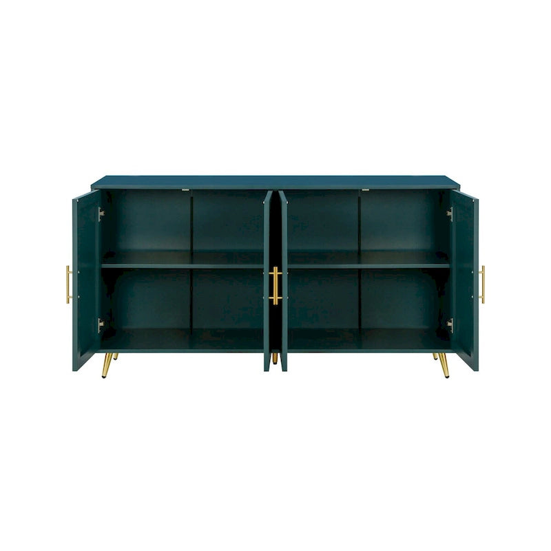 White / Navy Blue 4-Door MDF Storage Cabinet with Vertical Line Design & Gold Legs