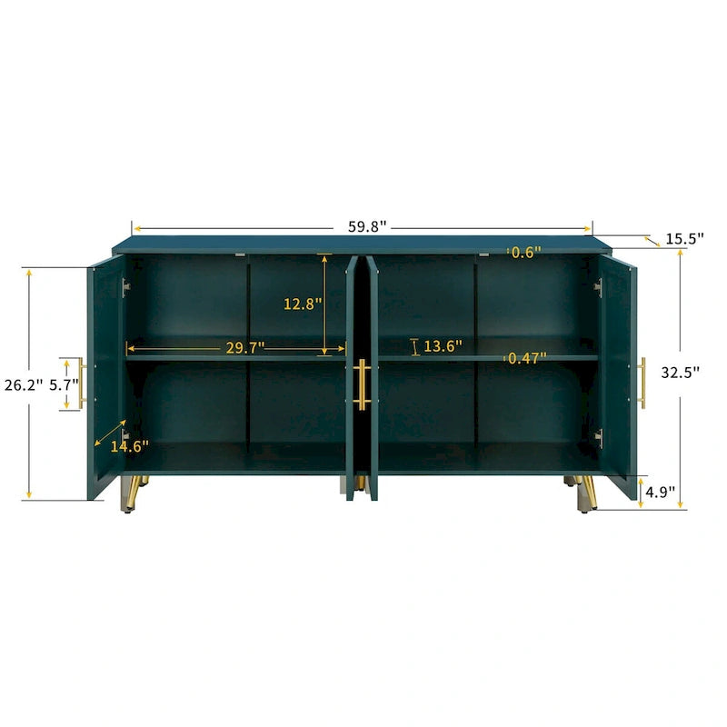 White / Navy Blue 4-Door MDF Storage Cabinet with Vertical Line Design & Gold Legs