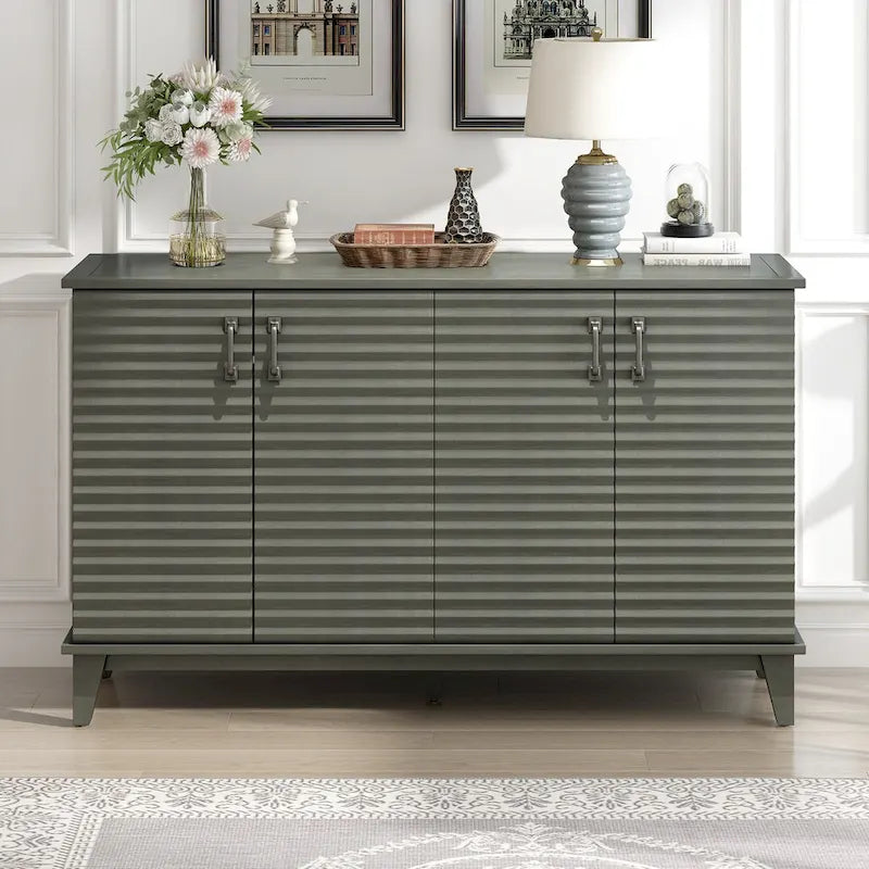 Antique Gray 4-Door Retro Sideboard Buffet with Adjustable Shelves & Metal Handles