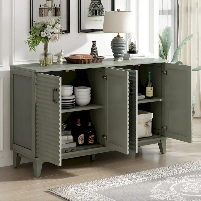 Antique Gray 4-Door Retro Sideboard Buffet with Adjustable Shelves & Metal Handles
