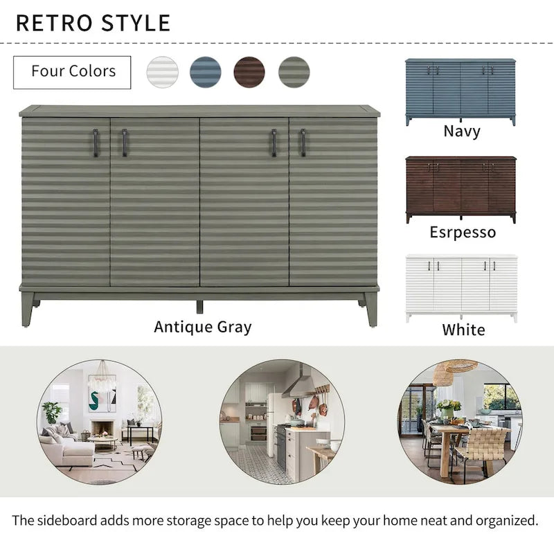 Antique Gray 4-Door Retro Sideboard Buffet with Adjustable Shelves & Metal Handles