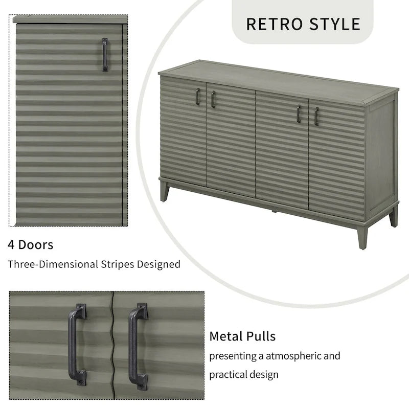Antique Gray 4-Door Retro Sideboard Buffet with Adjustable Shelves & Metal Handles