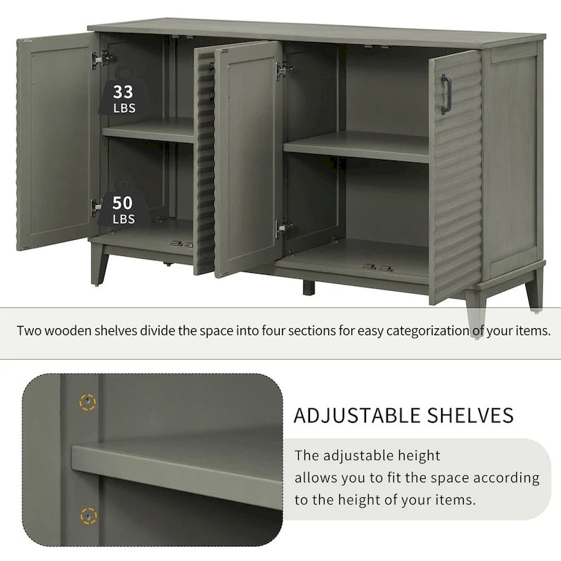 Antique Gray 4-Door Retro Sideboard Buffet with Adjustable Shelves & Metal Handles