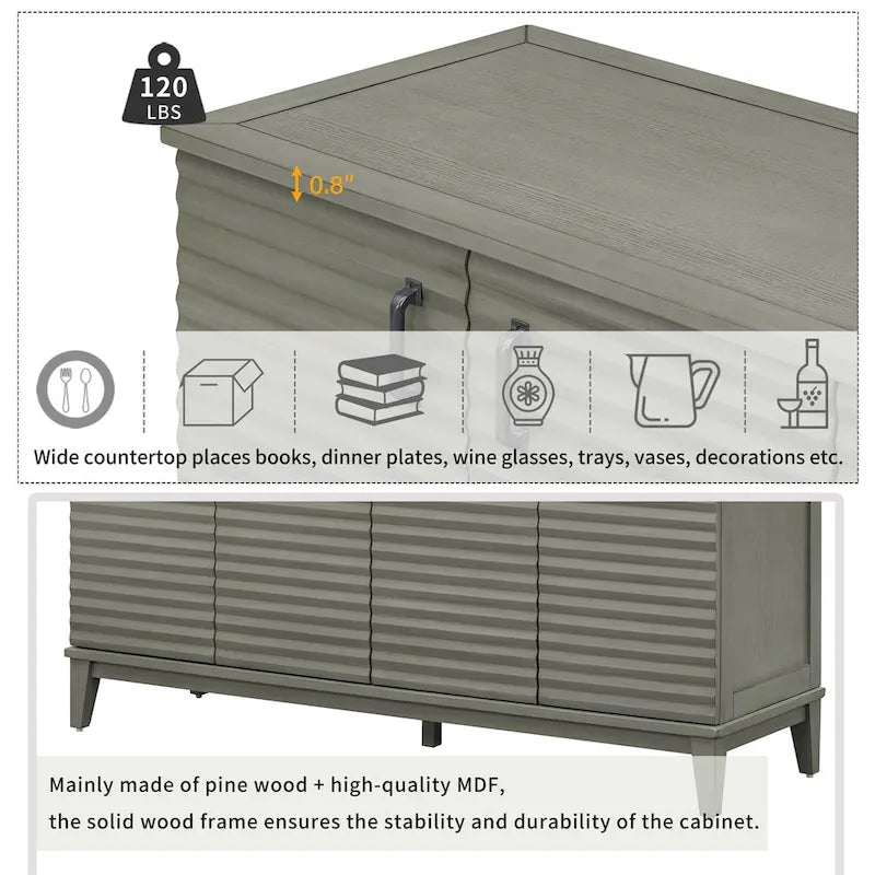 Antique Gray 4-Door Retro Sideboard Buffet with Adjustable Shelves & Metal Handles