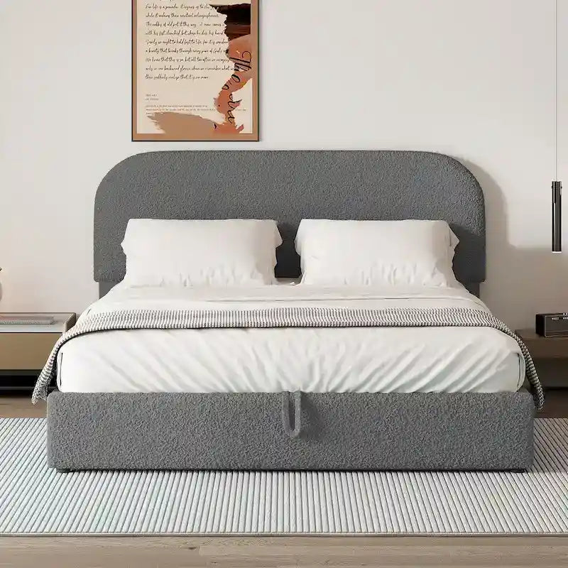 Grey / White Teddy Fleece Upholstered Platform Bed with Curved Headboard & Hydraulic Storage – 2 Person