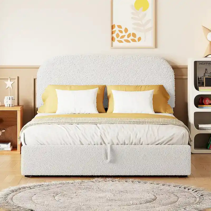 Grey / White Teddy Fleece Upholstered Platform Bed with Curved Headboard & Hydraulic Storage – 2 Person
