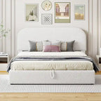 Grey / White Teddy Fleece Upholstered Platform Bed with Curved Headboard & Hydraulic Storage – 2 Person