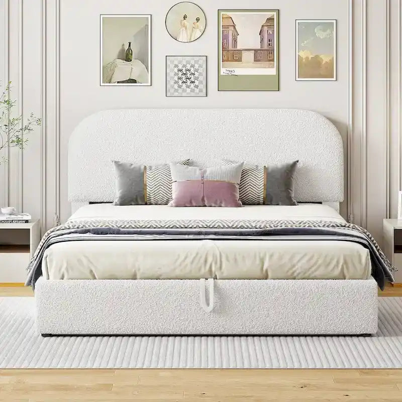 Grey / White Teddy Fleece Upholstered Platform Bed with Curved Headboard & Hydraulic Storage – 2 Person