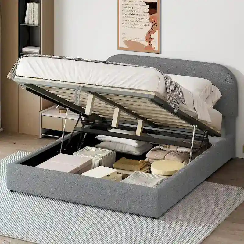 Grey / White Teddy Fleece Upholstered Platform Bed with Curved Headboard & Hydraulic Storage – 2 Person