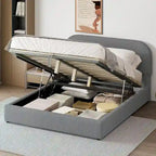Grey / White Teddy Fleece Upholstered Platform Bed with Curved Headboard & Hydraulic Storage – 2 Person