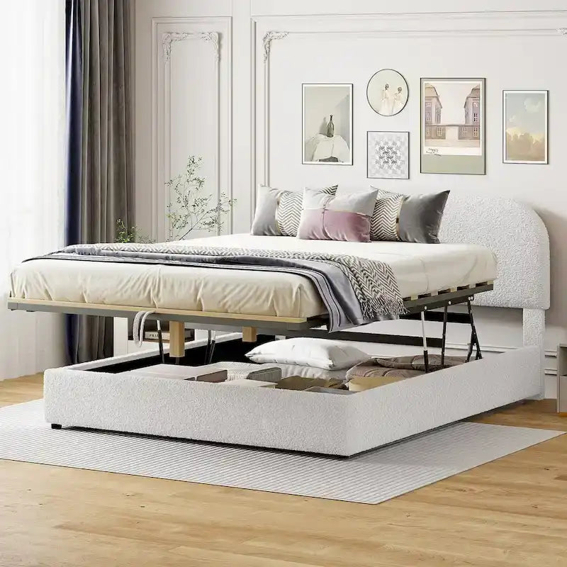 Grey / White Teddy Fleece Upholstered Platform Bed with Curved Headboard & Hydraulic Storage – 2 Person