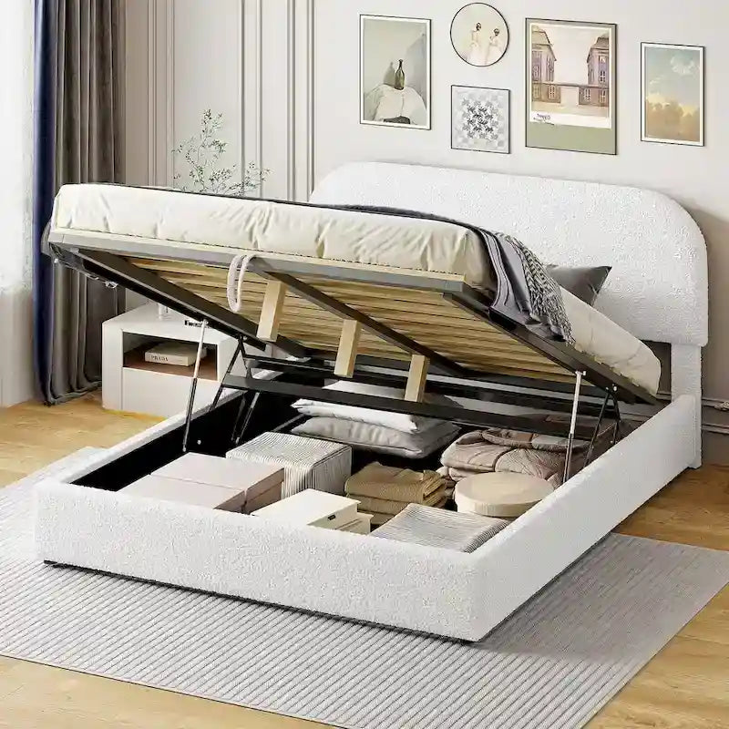 Grey / White Teddy Fleece Upholstered Platform Bed with Curved Headboard & Hydraulic Storage – 2 Person