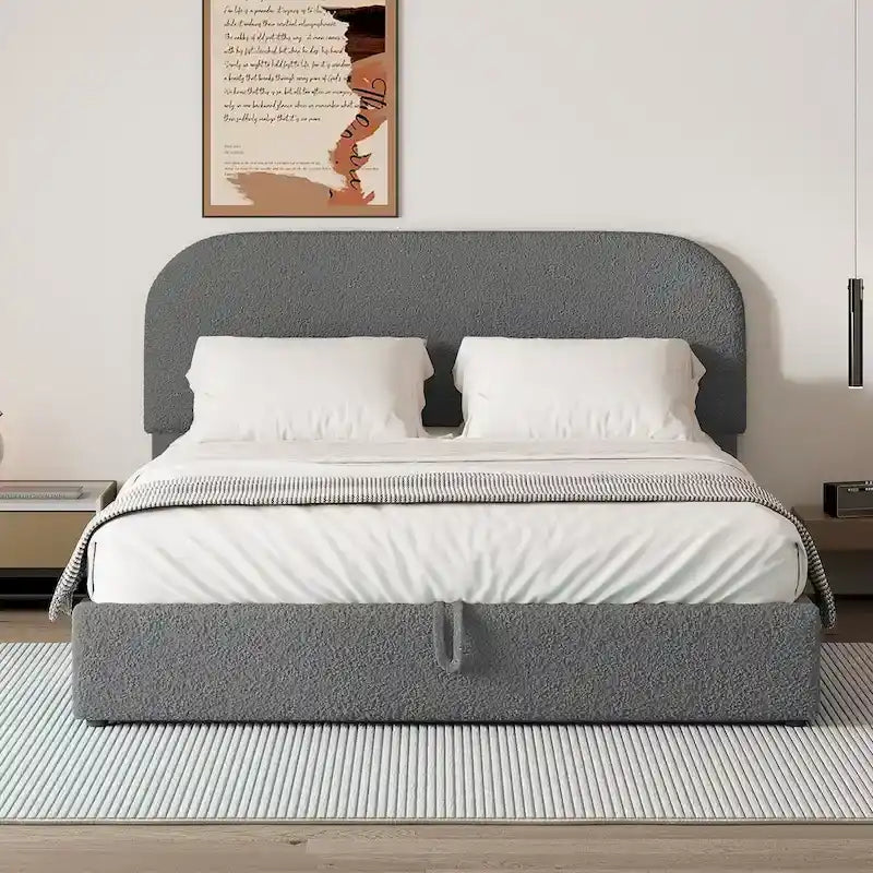 Grey / White Teddy Fleece Upholstered Platform Bed with Curved Headboard & Hydraulic Storage – 2 Person