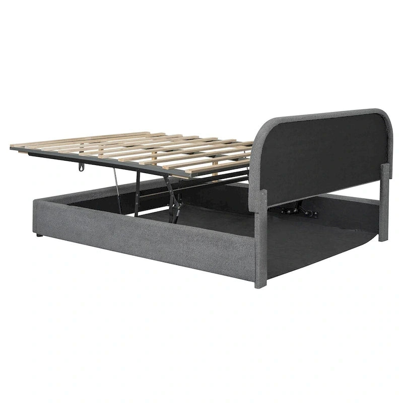 Grey / White Teddy Fleece Upholstered Platform Bed with Curved Headboard & Hydraulic Storage – 2 Person