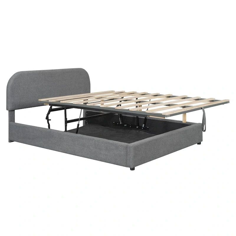 Grey / White Teddy Fleece Upholstered Platform Bed with Curved Headboard & Hydraulic Storage – 2 Person