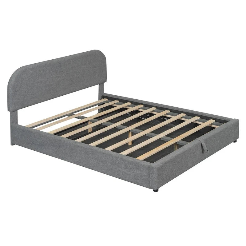 Grey / White Teddy Fleece Upholstered Platform Bed with Curved Headboard & Hydraulic Storage – 2 Person