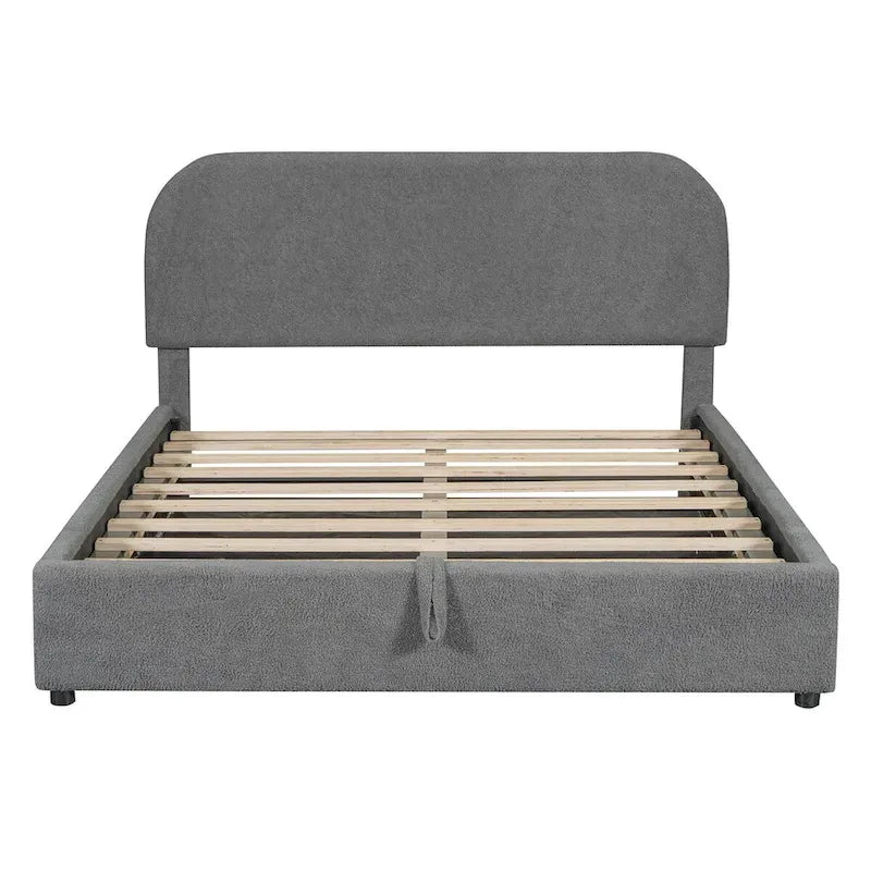 Grey / White Teddy Fleece Upholstered Platform Bed with Curved Headboard & Hydraulic Storage – 2 Person