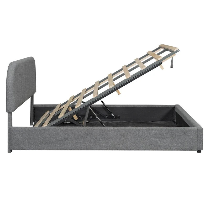Grey / White Teddy Fleece Upholstered Platform Bed with Curved Headboard & Hydraulic Storage – 2 Person