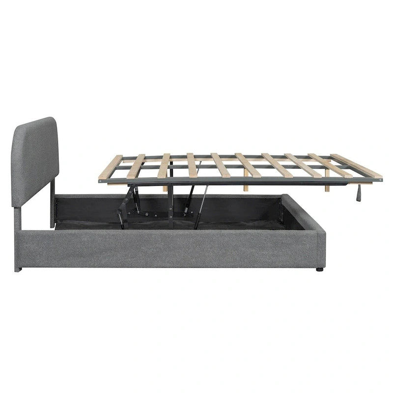 Grey / White Teddy Fleece Upholstered Platform Bed with Curved Headboard & Hydraulic Storage – 2 Person