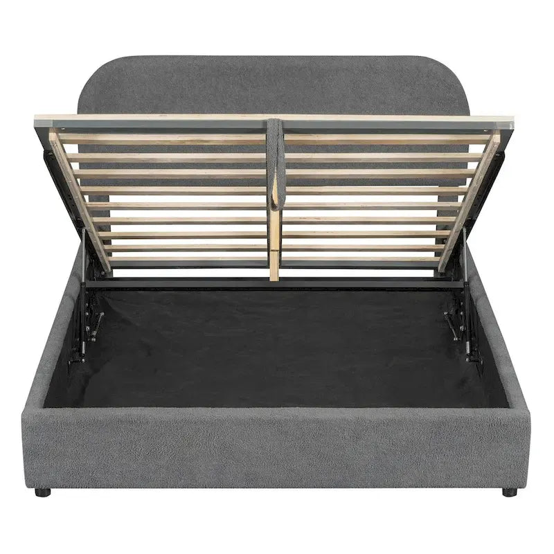 Grey / White Teddy Fleece Upholstered Platform Bed with Curved Headboard & Hydraulic Storage – 2 Person