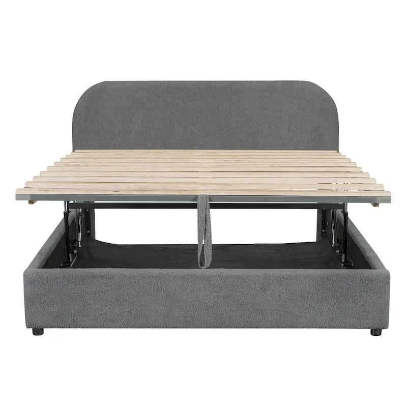 Grey / White Teddy Fleece Upholstered Platform Bed with Curved Headboard & Hydraulic Storage – 2 Person