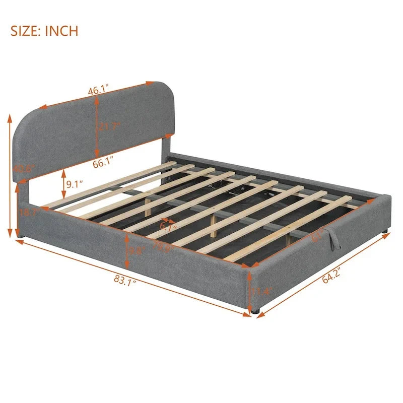 Grey / White Teddy Fleece Upholstered Platform Bed with Curved Headboard & Hydraulic Storage – 2 Person