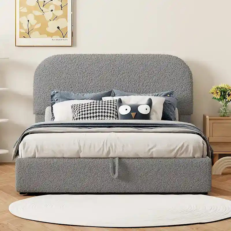 Grey / White Teddy Fleece Upholstered Platform Bed with Curved Headboard & Hydraulic Storage – 2 Person