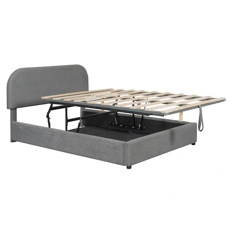 Grey / White Teddy Fleece Upholstered Platform Bed with Curved Headboard & Hydraulic Storage – 2 Person