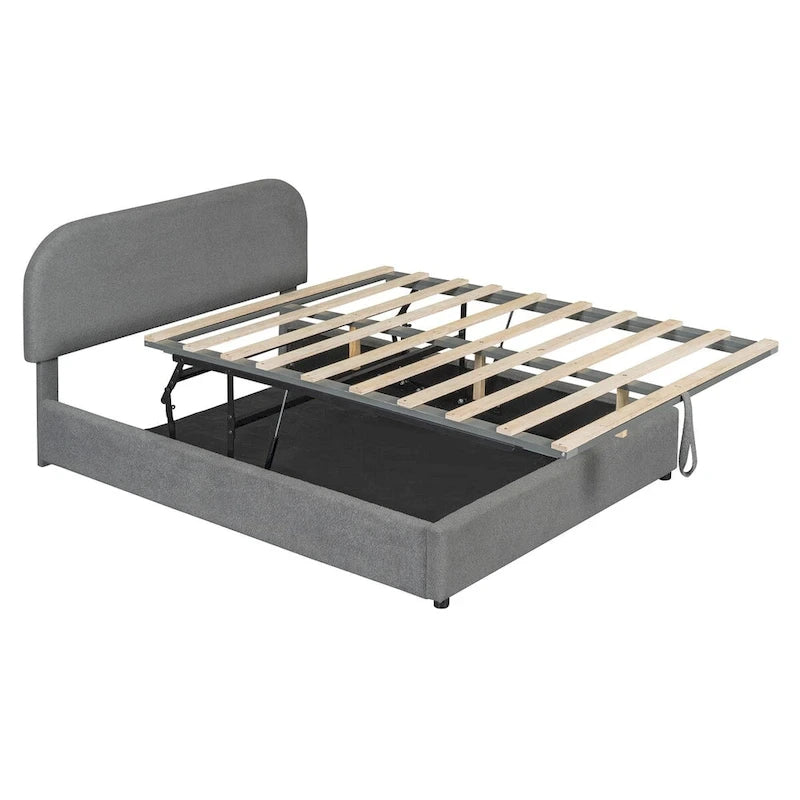 Grey / White Teddy Fleece Upholstered Platform Bed with Curved Headboard & Hydraulic Storage – 2 Person