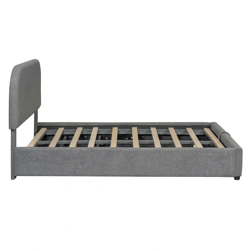 Grey / White Teddy Fleece Upholstered Platform Bed with Curved Headboard & Hydraulic Storage – 2 Person