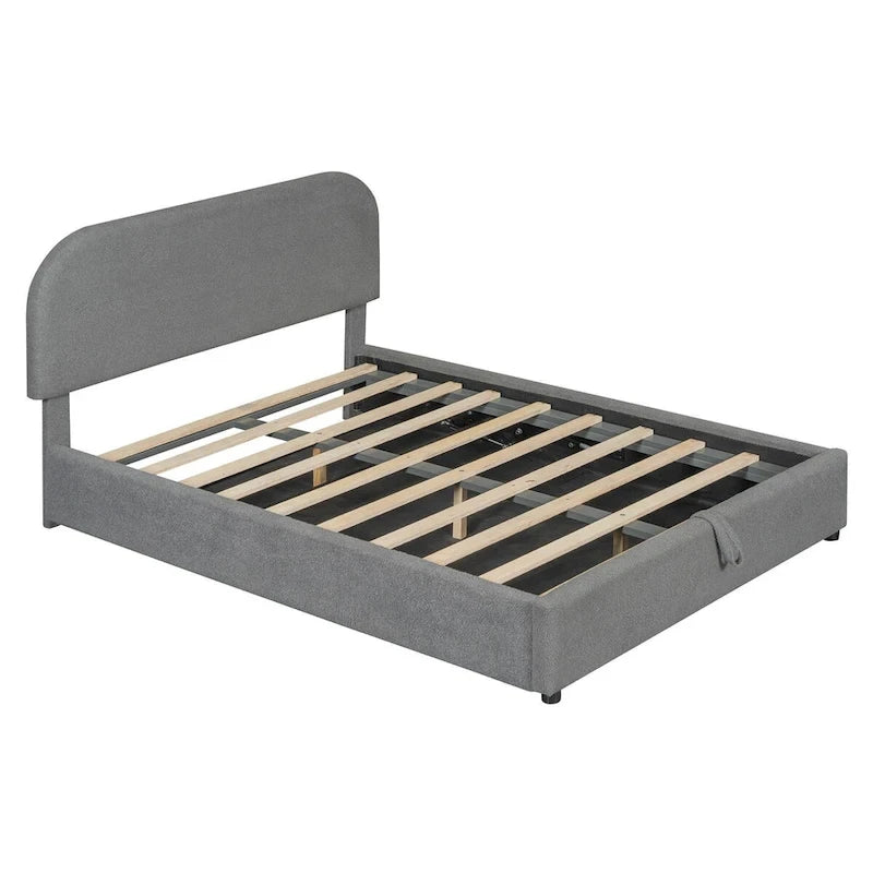 Grey / White Teddy Fleece Upholstered Platform Bed with Curved Headboard & Hydraulic Storage – 2 Person