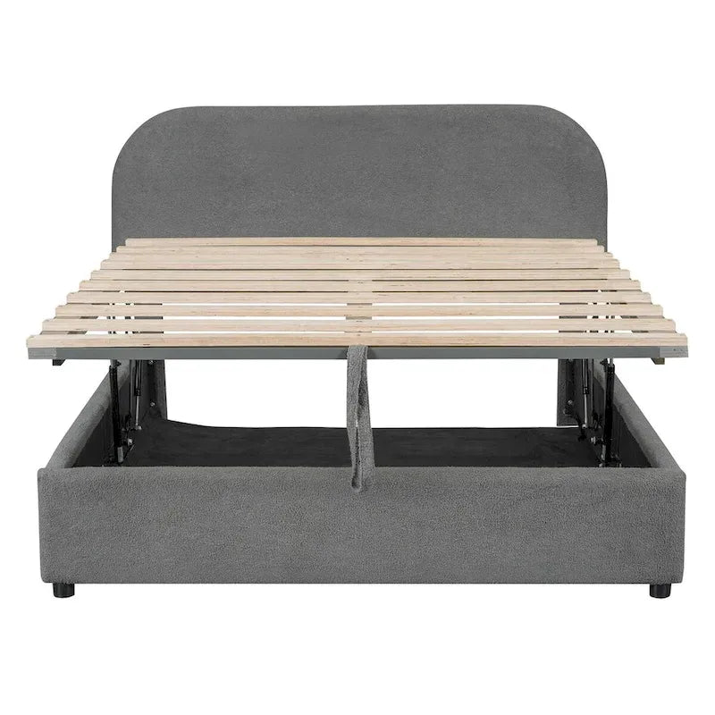 Grey / White Teddy Fleece Upholstered Platform Bed with Curved Headboard & Hydraulic Storage – 2 Person
