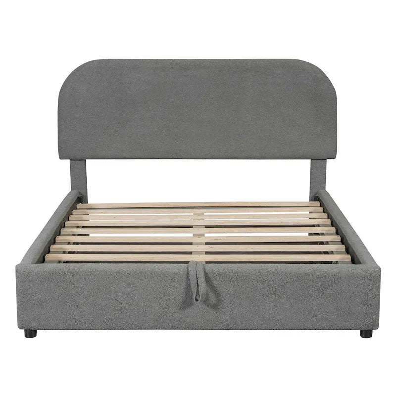 Grey / White Teddy Fleece Upholstered Platform Bed with Curved Headboard & Hydraulic Storage – 2 Person