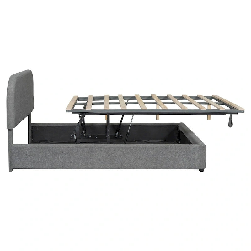 Grey / White Teddy Fleece Upholstered Platform Bed with Curved Headboard & Hydraulic Storage – 2 Person