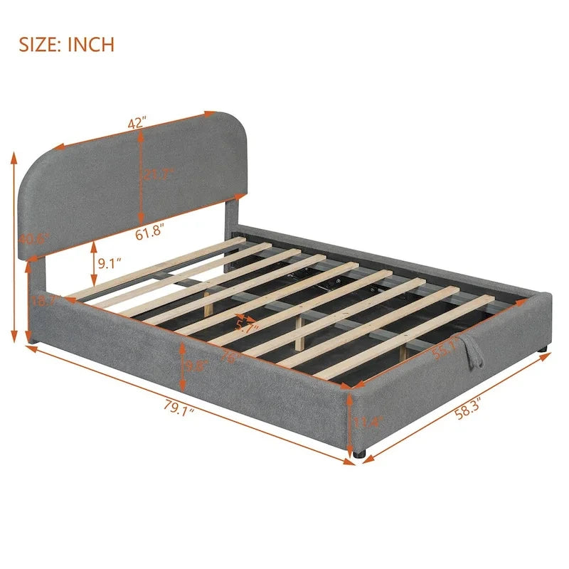 Grey / White Teddy Fleece Upholstered Platform Bed with Curved Headboard & Hydraulic Storage – 2 Person