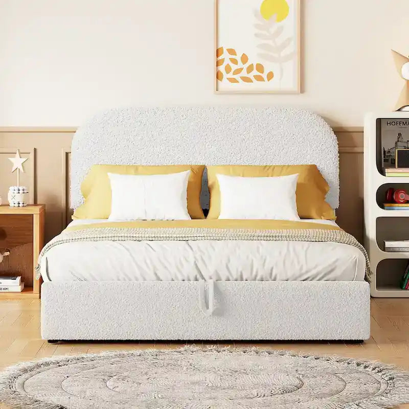 Grey / White Teddy Fleece Upholstered Platform Bed with Curved Headboard & Hydraulic Storage – 2 Person