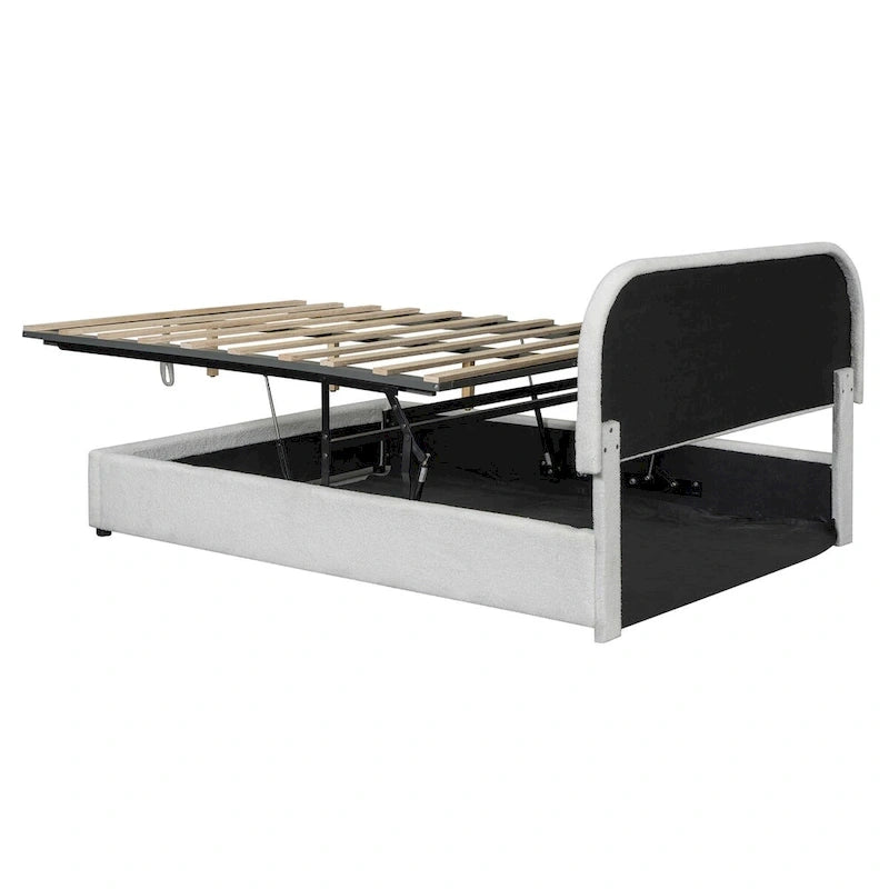 Grey / White Teddy Fleece Upholstered Platform Bed with Curved Headboard & Hydraulic Storage – 2 Person