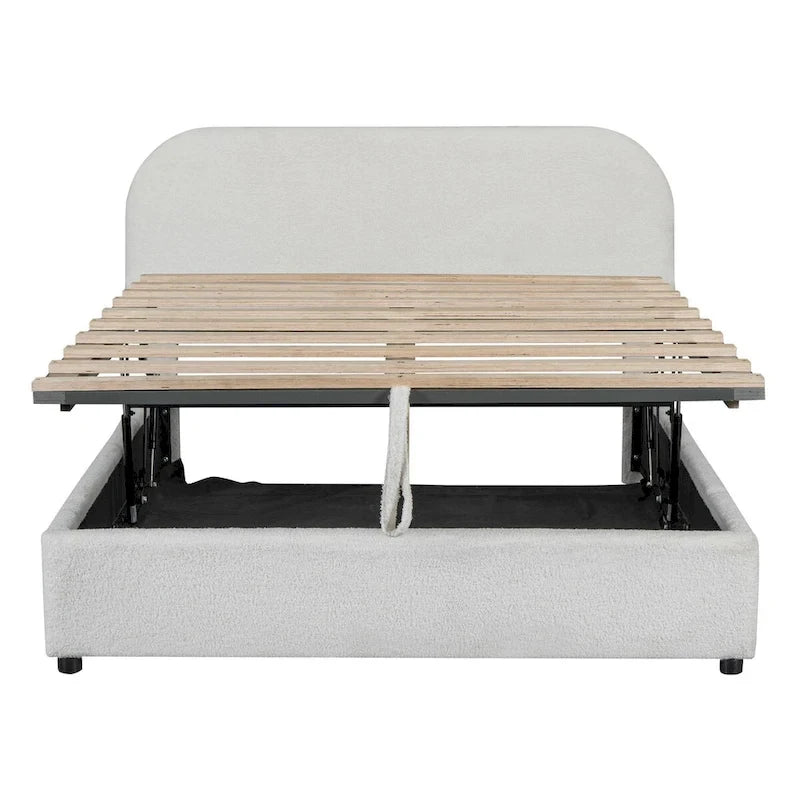 Grey / White Teddy Fleece Upholstered Platform Bed with Curved Headboard & Hydraulic Storage – 2 Person