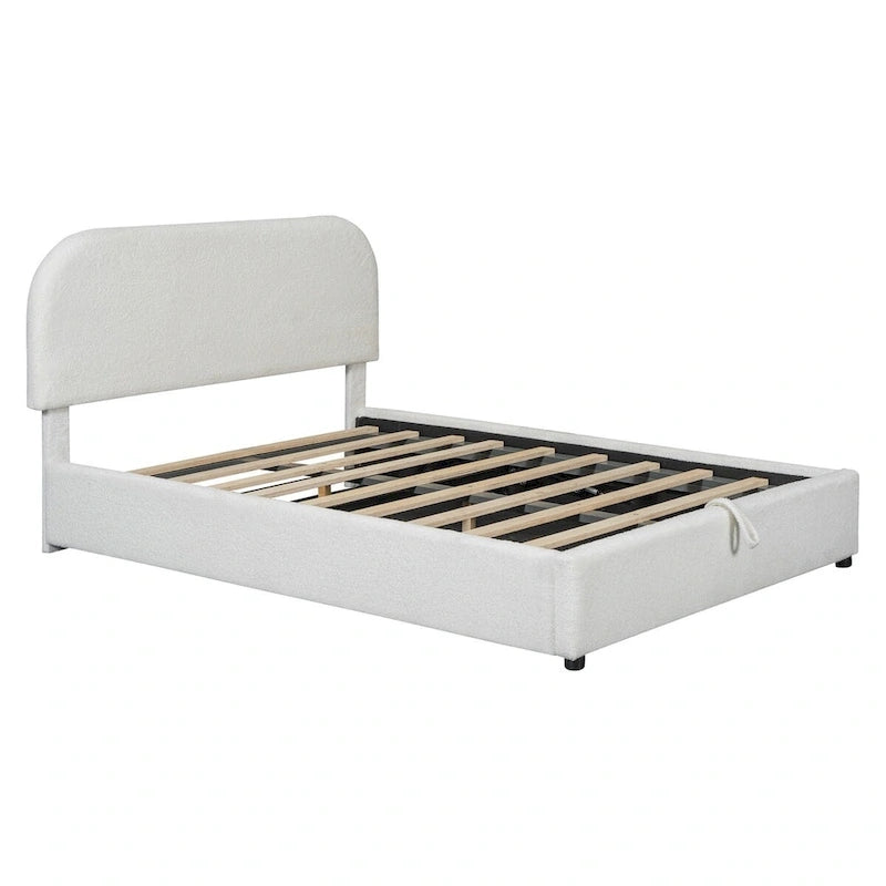 Grey / White Teddy Fleece Upholstered Platform Bed with Curved Headboard & Hydraulic Storage – 2 Person